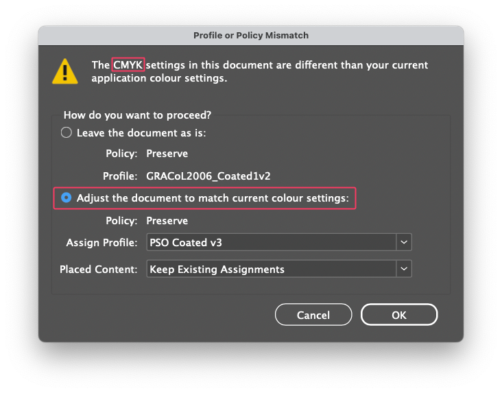 Fargeinnstillinger policy mismatch CMYK