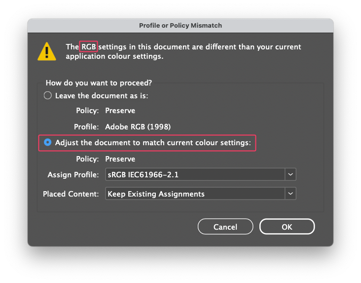 Fargeinnstillinger policy mismatch rgb