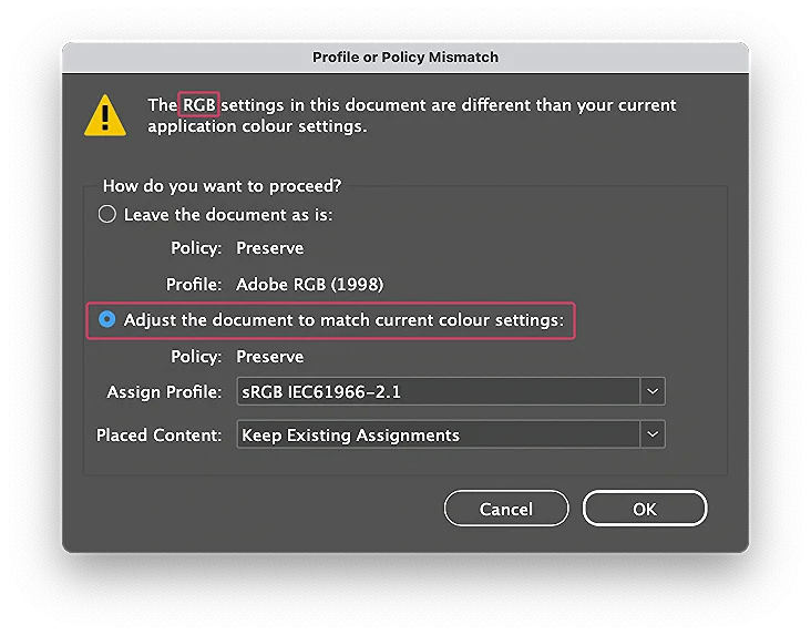 Fargeinnstillinger policy mismatch rgb